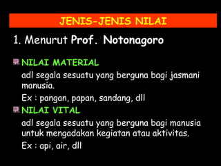 JENIS-JENIS NILAI
1. Menurut Prof. Notonagoro
NILAI MATERIAL
adl segala sesuatu yang berguna bagi jasmani
manusia.
Ex : pangan, papan, sandang, dll
NILAI VITAL
adl segala sesuatu yang berguna bagi manusia
untuk mengadakan kegiatan atau aktivitas.
Ex : api, air, dll
 