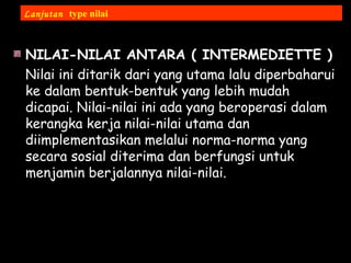 NILAI-NILAI ANTARA ( INTERMEDIETTE )
Nilai ini ditarik dari yang utama lalu diperbaharui
ke dalam bentuk-bentuk yang lebih mudah
dicapai. Nilai-nilai ini ada yang beroperasi dalam
kerangka kerja nilai-nilai utama dan
diimplementasikan melalui norma-norma yang
secara sosial diterima dan berfungsi untuk
menjamin berjalannya nilai-nilai.
Lanjutan type nilai
 