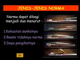 JENIS-JENIS NORMA
Norma dapat dibagi
menjadi dua menurut :
1.Kekuatan sanksinya
2.Resmi tidaknya norma tersebut
3.Daya pengikatnya
 