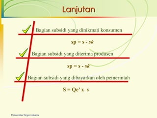 Lanjutan

                       Bagian subsidi yang dinikmati konsumen

                                      sp = s - sk

                   Bagian subsidi yang diterima produsen

                                    sp = s - sk

               Bagian subsidi yang dibayarkan oleh pemerintah

                                   S = Qe’ x s



Universitas Negeri Jakarta
 