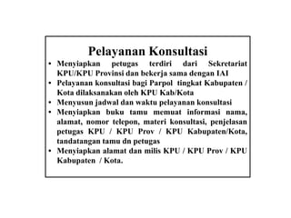 Pelayanan Konsultasi
• Menyiapkan petugas terdiri dari Sekretariat
KPU/KPU Provinsi dan bekerja sama dengan IAI
• Pelayanan konsultasi bagi Parpol tingkat Kabupaten /
Kota dilaksanakan oleh KPU Kab/Kota
• Menyusun jadwal dan waktu pelayanan konsultasi
• Menyiapkan buku tamu memuat informasi nama,
alamat, nomor telepon, materi konsultasi, penjelasan
petugas KPU / KPU Prov / KPU Kabupaten/Kota,
tandatangan tamu dn petugas
• Menyiapkan alamat dan milis KPU / KPU Prov / KPU
Kabupaten / Kota.

 