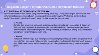 Kegiatan Belajar : Struktur Alat Gerak Hewan dan Manusia
A. STRUKTUR ALAT GERAK PADA VERTEBRATA
Hewan vertebrata adalah hewan yang memiliki tulang belakang. Tulang belakang ini beruas-ruas dan
berfungsi sebagai penyokong tubuh sekaligus pelindung sistem syaraf. Vertebrata sendiri terbagi
menjadi lima kelas, yaitu ikan (pisces), aves, reptilia, amphibia, dan mamalia.
1. Pisces
Rangka ikan umumnya berbentuk streamline untuk memudahkan pergerakan di dalam air.
Sisik dan sirip membentuk sebuah rangka luar (eksoskeleton). Sedangkan rangka dalam
(endoskeleton) terdiri atas tengkorak, tulang belakang, tulang rusuk, tulang ekor, dan banyak
tulang kecil yang menopang jejari sirip.
2. Ambifi
Alat gerak amfibi berupa dua pasang kaki yang dilengkapi selaput di antara jari-jarinya untuk
memudahkan berenang. Katak memiliki rangka dalam (endoskeleton) rangka katak tersusun
atas 3 kelompok tulang yaitu tulang tengkorak, tulang badan dan tulang tungkai (anggota
gerak)
 
