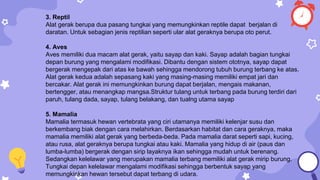 3. Reptil
Alat gerak berupa dua pasang tungkai yang memungkinkan reptile dapat berjalan di
daratan. Untuk sebagian jenis reptilian seperti ular alat geraknya berupa oto perut.
4. Aves
Aves memiliki dua macam alat gerak, yaitu sayap dan kaki. Sayap adalah bagian tungkai
depan burung yang mengalami modifikasi. Dibantu dengan sistem ototnya, sayap dapat
bergerak mengepak dari atas ke bawah sehingga mendorong tubuh burung terbang ke atas.
Alat gerak kedua adalah sepasang kaki yang masing-masing memiliki empat jari dan
bercakar. Alat gerak ini memungkinkan burung dapat berjalan, mengais makanan,
bertengger, atau menangkap mangsa.Struktur tulang untuk terbang pada burung terdiri dari
paruh, tulang dada, sayap, tulang belakang, dan tualng utama sayap
5. Mamalia
Mamalia termasuk hewan vertebrata yang ciri utamanya memiliki kelenjar susu dan
berkembang biak dengan cara melahirkan. Berdasarkan habitat dan cara geraknya, maka
mamalia memiliki alat gerak yang berbeda-beda. Pada mamalia darat seperti sapi, kucing,
atau rusa, alat geraknya berupa tungkai atau kaki. Mamalia yang hidup di air (paus dan
lumba-lumba) bergerak dengan sirip layaknya ikan sehingga mudah untuk berenang.
Sedangkan kelelawar yang merupakan mamalia terbang memiliki alat gerak mirip burung.
Tungkai depan kelelawar mengalami modifikasi sehingga berbentuk sayap yang
memungkinkan hewan tersebut dapat terbang di udara.
 