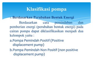 Klasifikasi pompa
1. Berdasarkan

Perubahan Bentuk Energi
Berdasarkan
cara
pemindahan
dan
pemberian energi (perubahan bentuk energi) pada
cairan pompa dapat diklasifikasikan menjadi dua
kelompok yaitu :
a.Pompa Pemindah Positif (Positive
displacement pump)
b.Pompa Pemindah Non Positif (non positive
displacement pump)

 