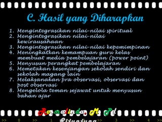 >> 0 >> 1 >> 2 >> 3 >> 4 >>
C. Hasil yang Diharapkan
1. Mengintegrasikan nilai-nilai spiritual
2. Mengintegrasikan nilai-nilai
kewirausahaan
3. Mengintegrasikan nilai-nilai kepemimpinan
4. Meningkatkan kemampuan guru kelas
membuat media pembelajaran (power point)
5. Menyusun perangkat pembelajaran
6. Memetakan kesenjangan sekolah sendiri dan
sekolah magang lain
7. Melaksanakan pra observasi, observasi dan
post observasi
8. Mengelola teman sejawat untuk menyusun
bahan ajar
RRoossmmaalliinnddaa,, MM.. PPdd
 