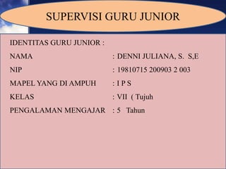 SUPERVISI GURU JUNIOR
IDENTITAS GURU JUNIOR :
NAMA : DENNI JULIANA, S. S,E
NIP : 19810715 200903 2 003
MAPEL YANG DI AMPUH : I P S
KELAS : VII ( Tujuh
PENGALAMAN MENGAJAR : 5 Tahun
 