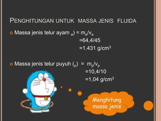 PENGHITUNGAN UNTUK MASSA JENIS FLUIDA
 Massa jenis telur ayam a) = ma/va
=64,4/45
=1.431 g/cm3
 Massa jenis telur puyuh (p) = mp/vp
=10,4/10
=1,04 g/cm3
Menghitung
massa jenis
 