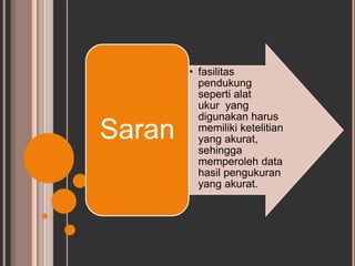 • fasilitas
pendukung
seperti alat
ukur yang
digunakan harus
memiliki ketelitian
yang akurat,
sehingga
memperoleh data
hasil pengukuran
yang akurat.
Saran
 