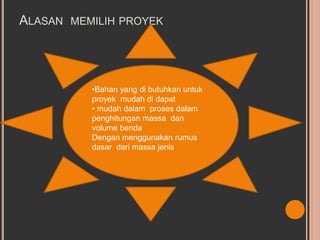 ALASAN MEMILIH PROYEK
•Bahan yang di butuhkan untuk
proyek mudah di dapat
• mudah dalam proses dalam
penghitungan massa dan
volume benda
Dengan menggunakan rumus
dasar dari massa jenis
 