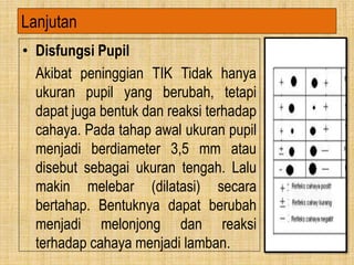 • Disfungsi Pupil
Akibat peninggian TIK Tidak hanya
ukuran pupil yang berubah, tetapi
dapat juga bentuk dan reaksi terhadap
cahaya. Pada tahap awal ukuran pupil
menjadi berdiameter 3,5 mm atau
disebut sebagai ukuran tengah. Lalu
makin melebar (dilatasi) secara
bertahap. Bentuknya dapat berubah
menjadi melonjong dan reaksi
terhadap cahaya menjadi lamban.
Lanjutan
 