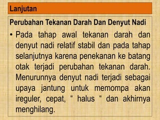 Perubahan Tekanan Darah Dan Denyut Nadi
• Pada tahap awal tekanan darah dan
denyut nadi relatif stabil dan pada tahap
selanjutnya karena penekanan ke batang
otak terjadi perubahan tekanan darah.
Menurunnya denyut nadi terjadi sebagai
upaya jantung untuk memompa akan
ireguler, cepat, “ halus “ dan akhirnya
menghilang.
Lanjutan
 