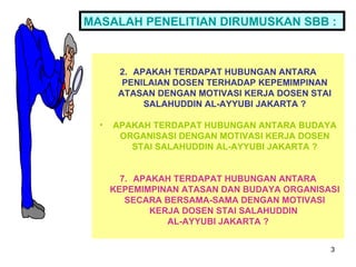APAKAH TERDAPAT HUBUNGAN ANTARA PENILAIAN DOSEN TERHADAP KEPEMIMPINAN ATASAN DENGAN MOTIVASI KERJA DOSEN STAI SALAHUDDIN AL-AYYUBI JAKARTA ? APAKAH TERDAPAT HUBUNGAN ANTARA BUDAYA ORGANISASI DENGAN MOTIVASI KERJA DOSEN STAI SALAHUDDIN AL-AYYUBI JAKARTA ? APAKAH TERDAPAT HUBUNGAN ANTARA KEPEMIMPINAN ATASAN DAN BUDAYA ORGANISASI SECARA BERSAMA-SAMA DENGAN MOTIVASI KERJA DOSEN STAI SALAHUDDIN  AL-AYYUBI JAKARTA ? MASALAH PENELITIAN DIRUMUSKAN SBB : 