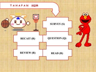 T A H A P A N   SQ3R




                        SURVEY (S)




       RECAIT (R)      QUESTION (Q)




       REVIEW (R)        READ (R)
 