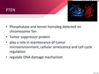 PTEN
• Phosphatase and tensin homolog detected on
chromosome Ten
• Tumor suppressor protein
• play a role in maintenance of tumor
microenvironment, cellular senescence and cell cycle
regulation
• regulate DNA damage mechanism
 