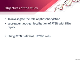 Objectives of the study
• To investigate the role of phosphorylation
• subsequent nuclear localization of PTEN with DNA
repair.
• Using PTEN deficient U87MG cells
 