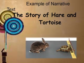 Example of Narrative
Text
The Story of Hare and
Tortoise
 