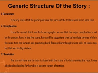 Generic Structure Of the Story :
1. Orientation
It clearly states that the participants are the hare and the tortoise who live in once time.
2. Complication
From the second, third, and forth parragraphs, we see that the major complication is set
by the arogant hare. In the firs scene, hare and his supporters tried to humiliate tortoise while in
the same time the tortoise was practicing hard. Because hare thought it was safe, he took a nap,
but that was his big mistake.
3. Resolution
The story of hare and tortoise is closed with the scene of tortoise winning the race. It was
a bed and sad ending for hare but it was the victory of tortoise.
 