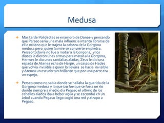 Medusa 
 Mas tarde Polidectes se enamoro de Danae y pensando 
que Perseo seria una mala influencia intento librarse de 
el le ordeno que le trajera la cabeza de la Gorgona 
medusa pero quien la mire se convierte en piedra. 
Perseo todavía no fue a matar a la Gorgona, y los 
dioses le dieron unas armas para matar a la Gorgona, 
Hermes le dio unas sandalias aladas, Zeus le dio una 
espada de Atenea echa de Harpe, un casco de Hades 
que volvía invisible a quien lo llevara se hacia invisible 
y Atenea un escudo tan brillante que por una parte era 
un espejo. 
 Perseo como no sabia donde se hallaba la guarida de la 
Gorgona medusa y lo que izo fue que se fue a un río 
donde siempre a medio día Pegaso el ultimo de los 
caballos alados iba a beber agua y se escondió en un 
árbol cuando Pegaso llego cogió una red y atrapo a 
Pegaso. 
 