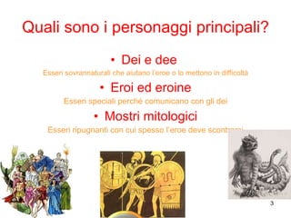 Quali sono i personaggi principali? Dei e dee   Esseri sovrannaturali che aiutano l’eroe o lo mettono in difficoltà Eroi ed eroine Esseri speciali perché comunicano con gli dei Mostri mitologici Esseri ripugnanti con cui spesso l’eroe deve scontrarsi 
