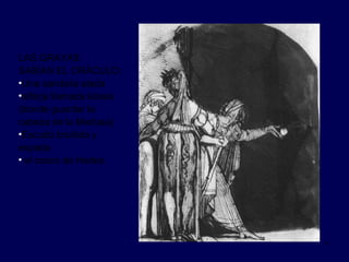 LAS GRAYAS SABÍAN EL ORÁCULO:  Una sandalia alada alforja llamada kibisis (donde guardar la cabeza de la Medusa) Escudo bruñido y espada el casco de Hades.   
