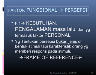 FAKTOR FUNGSIONAL  PERSEPSI
 F f  KEBUTUHAN,
PENGALAMAN masa lalu, dan yg
termasuk faktor PERSONAL
 Yg Tentukan persepsi bukan jenis or
bentuk stimuli tapi karakteristik orang yg
memberi respons pada stimuli.
FRAME OF REFERENCE
Jan 12, 2017file: Persepsi & Komunikasi 11
 