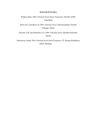 DAFTAR PUSTAKA
Walgito, Bimo. 2003. Psikologi Sosial (Suatu Pengantar). Penerbit ANDI.
Yogyakarta
Baron, R.A. dan Byrne, D. 2003. Psikologi Sosial. Edisi Kesepuluh. Penerbit
Erlangga. Jakarta
Sarwono, S.W. dan Meinarno, E.A. 2009. Psikologi Sosial. Salemba Humanika.
Jakarta
Hanurawan, Fattah, 2010. Psikologi Sosial Suatu Pengantar. PT. Remaja Rosdakarya
Offset. Bandung

 