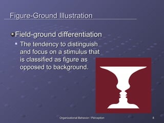 Figure-Ground Illustration Field-ground differentiation The tendency to distinguish  and focus on a stimulus that  is classified as figure as  opposed to background. 