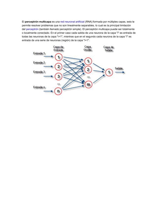 El perceptrón multicapa es una red neuronal artificial (RNA) formada por múltiples capas, esto le
permite resolver problemas que no son linealmente separables, lo cual es la principal limitación
del perceptrón (también llamado perceptrón simple). El perceptrón multicapa puede ser totalmente
o localmente conectado. En el primer caso cada salida de una neurona de la capa "i" es entrada de
todas las neuronas de la capa "i+1", mientras que en el segundo cada neurona de la capa "i" es
entrada de una serie de neuronas (región) de la capa "i+1".
 