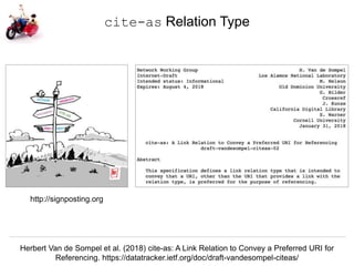 Herbert Van de Sompel @hvdsomp
EuropeanaTech 2018, Rotterdam, The Netherlands, 15/05/18
cite-as Relation Type
Herbert Van de Sompel et al. (2018) cite-as: A Link Relation to Convey a Preferred URI for
Referencing. https://datatracker.ietf.org/doc/draft-vandesompel-citeas/
http://signposting.org
 
