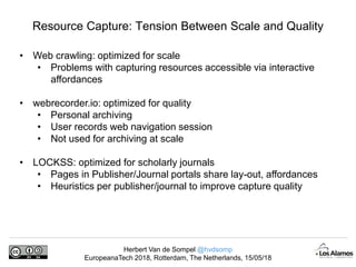 Herbert Van de Sompel @hvdsomp
EuropeanaTech 2018, Rotterdam, The Netherlands, 15/05/18
Resource Capture: Tension Between Scale and Quality
• Web crawling: optimized for scale
• Problems with capturing resources accessible via interactive
affordances
• webrecorder.io: optimized for quality
• Personal archiving
• User records web navigation session
• Not used for archiving at scale
• LOCKSS: optimized for scholarly journals
• Pages in Publisher/Journal portals share lay-out, affordances
• Heuristics per publisher/journal to improve capture quality
 