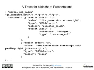 Herbert Van de Sompel @hvdsomp
EuropeanaTech 2018, Rotterdam, The Netherlands, 15/05/18
A Trace for slideshare Presentations
{ "portal_url_match":
"(slideshare.net)/([^/]+)/([^/]+)",
"actions": [{ "action_order": "1",
"value": "div.j-next-btn.arrow-right",
"type": "CSSSelector",
"action": "repeated_click",
"repeat_until": {
"condition": "changes",
"type": "resource_url"
}
},
{ "action_order": "2",
"value": "div.notranslate.transcript.add-
padding-right.j-transcript a",
"type": "CSSSelector",
"action": "click"
}
], …
 