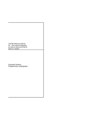 Just list what you want to
do. Your area of expertise,
as well as what you'd like to
learn to master.




Computer Science,
Programming, Cryptography
 