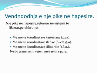 Vendndodhja e nje pike ne hapesire.
Nje pike ne hapesire,referuar ne sistemi te
 fiksuar,pershkruhet:

   Me ane te koordinatave karteziane (x,y,z).
   Me ane te koordinatave sferike (ρ=cte,φ,ѳ).
   Me ane te koordinatave cilindrike (r,β,α,).
  Ne do te merremi vetem me rastin e pare.
 
