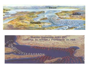 The Greeks fled to the nearby Island of Salamis, and watched as the Persians burned the city. The Athenians however built a strong navy on the advice of their leader Themistocles the Greek ships now gathered around Salamis. Themistocles tricked the Persians into sailing their fleet into a narrow passage between the island and the mainland. Crowded together and getting in each others way. The Persian ships were rammed and sank by the Greek vessels. Xerxes watch in horror as his hopes for conquest sunk to the bottom of the sea.