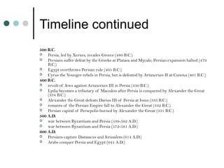 Timeline continued
500 B.C.
 Persia, led by Xerxes, invades Greece (480 B.C.)
 Persians suffer defeat by the Greeks at Plataea and Mycale; Persian expansion halted (479
B.C.)
 Egypt overthrows Persian rule (405 B.C.)
 Cyrus the Younger rebels in Persia, but is defeated by Artaxerxes II at Cunoxa (401 B.C.)
400 B.C.
 revolt of Jews against Artaxerxes III in Persia (350 B.C.)
 Lydia becomes a tributary of Macedon after Persia is conquered by Alexander the Great
(334 B.C.)
 Alexander the Great defeats Darius III of Persia at Issus (333 B.C.)
 remants of the Persian Empire fall to Alexander the Great (332 B.C.)
 Persian capital of Persepolis burned by Alexander the Great (331 B.C.)
500 A.D.
 war between Byzantium and Persia (539-562 A.D.)
 war between Byzantium and Persia (572-591 A.D.)
600 A.D.
 Persians capture Damascus and Jerusalem (614 A.D.)
 Arabs conquer Persia and Egypt (641 A.D.)
 