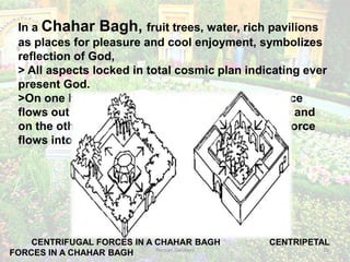 Persian Gardens 15
In a Chahar Bagh, fruit trees, water, rich pavilions
as places for pleasure and cool enjoyment, symbolizes
reflection of God,
> All aspects locked in total cosmic plan indicating ever
present God.
>On one hand centrifugal or outward directed force
flows out of the building into the natural paradise and
on the other hand a centripetal or inner directed force
flows into the fountain.
CENTRIFUGAL FORCES IN A CHAHAR BAGH CENTRIPETAL
FORCES IN A CHAHAR BAGH
 