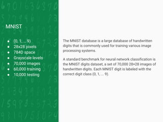 MNIST
● (0, 1, … 9)
● 28x28 pixels
● 784D space
● Grayscale levels
● 70,000 images
● 60,000 training
● 10,000 testing
The ...