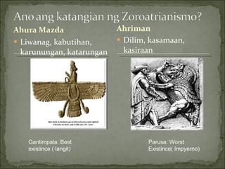 Liwanag, kabutihan, karunungan, katarungan Dilim, kasamaan, kasiraan Gantimpala: Best existince ( langit) Parusa: Worst Existince( Impyerno) Ahriman 