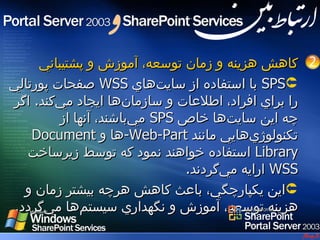 ‫2 ارتبباط بين ‪ WSS‬و ‪SPS‬‬




     ‫كاهش هزينه و زمان توسعه، آموزش و پشتيباني‬
‫‪ SPS‬با استفاده از سايت‌هاي ‪ WSS‬صفحات پورتالي‬
‫را براي افراد، اطلعات و سازمان‌ها ايجاد مي‌كند. اگر‬
         ‫چه اين سايت‌ها خاص ‪ SPS‬مي‌باشند، آنها از‬
    ‫تكنولوژي‌هايي مانند ‪-Web-Part‬ها و ‪Document‬‬
   ‫‪ Library‬استفاده خواهند نمود كه توسط زيرساخت‬
                               ‫‪ WSS‬ارايه مي‌گردند.‬
   ‫‪‬اين يكپارچگي، باعث كاهش هرچه بيشتر زمان و‬
 ‫هزينه توسعه، آموزش و نگهداري سيستم‌ها مي‌گردد.‬
 