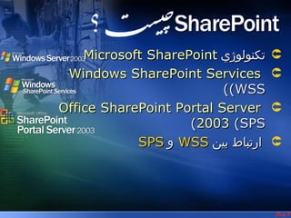SP ‫اببزارها و محصبولت‬




    Microsoft SharePoint ‫تكنولوژي‬     
 Windows SharePoint Services          
                          ))WSS
Office SharePoint Portal Server       
                    )2003 )SPS
            SPS ‫ و‬WSS ‫ارتباط بين‬      
 