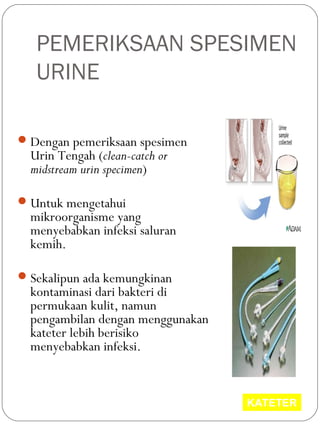 PEMERIKSAAN SPESIMEN
URINE
Dengan pemeriksaan spesimen
Urin Tengah (clean-catch or
midstream urin specimen)
Untuk mengetahui
mikroorganisme yang
menyebabkan infeksi saluran
kemih.
Sekalipun ada kemungkinan
kontaminasi dari bakteri di
permukaan kulit, namun
pengambilan dengan menggunakan
kateter lebih berisiko
menyebabkan infeksi.
KATETER
 