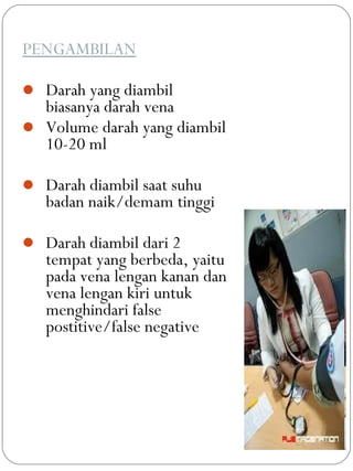 PENGAMBILAN
 Darah yang diambil
biasanya darah vena
 Volume darah yang diambil
10-20 ml
 Darah diambil saat suhu
badan naik/demam tinggi
 Darah diambil dari 2
tempat yang berbeda, yaitu
pada vena lengan kanan dan
vena lengan kiri untuk
menghindari false
postitive/false negative
 