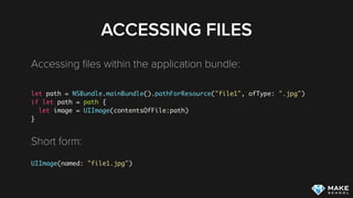 IMPORTANT DIRECTORIES
<Application_Home>/Library/Caches
This folder should be used to store cached information (e.g.
proﬁle pictures that have been downloaded)
iOS will remove ﬁle from this directory when it needs to free
disk space, your app needs to be able to handle deletion of
ﬁle in the caches directory
The content of this folder is not backed up to iTunes
 