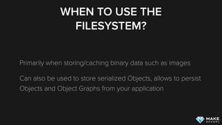WRITING FILES
Writing a ﬁle to the documents directory: 
let fileManager = NSFileManager.defaultManager()
let urls = fileManager.URLsForDirectory(.DocumentDirectory,
inDomains: .UserDomainMask)
if let documentDirectory: NSURL = urls.first {
let documentURL =
documentDirectory.URLByAppendingPathComponent("txtFile.txt")
// data you want to write to file
let data = NSData()
data.writeToURL(documentURL, atomically: true)
}
 