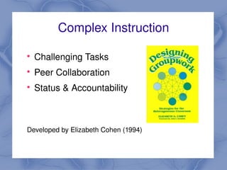 Complex Instruction

    
        Challenging Tasks 
    
        Peer Collaboration
    
        Status & Accountability



    Developed by Elizabeth Cohen (1994) 

                               
 