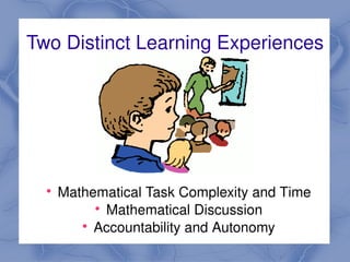 Two Distinct Learning Experiences




      
          Mathematical Task Complexity and Time
               
                 Mathematical Discussion
             
               Accountability and Autonomy
                             
 