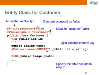 Entity Class for Customer @Entity(access=FIELD)  @Table(name = “customer”) public class Customer { @Id  public int id; ... public String name; @Column(name=”CREDIT”)  public int c_rating; @LOB  public Image photo; ... } Annotated as “Entity” Data are accessed as fields @Id denotes primary key Maps to “customer” table Specify the table column to map to 