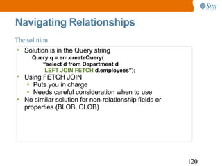 Navigating Relationships Solution is in the Query string Query q = em.createQuery( “ select d from Department d LEFT JOIN FETCH  d.employees”); Using FETCH JOIN Puts you in charge Needs careful consideration when to use No similar solution for non-relationship fields or properties (BLOB, CLOB) The solution 