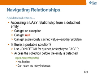 And detached entities… Navigating Relationships Accessing a LAZY relationship from a detached entity : Can get an exception Can get  null Can get a previously cached value—another problem Is there a portable solution? Use JOIN FETCH for queries or fetch type EAGER Access the collection before the entity is detached d.getEmployees().size(); Not flexible Can return too many instances 