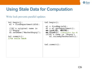 Write lock prevents parallel updates Using Stale Data for Computation tx1.begin();  e1 = findDepartment(dId);  //d1's original name is  //”Engrg”  d1.setName(“MarketEngrg”); tx1.commit();  //tx rolls back tx2.begin();  e1 = findEmp(eId);  d1 = e1.getDepartment();   em.lock(d1, WRITE);  em.flush();  //version++ for d1  if(d1's name is “Engrg”)    e1.raiseByTenPercent(); tx2.commit(); 